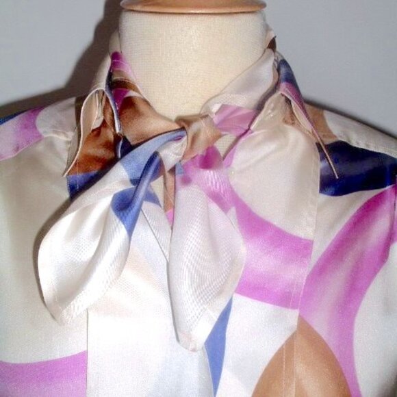SALVATORE FERRAGAMO silk print shirt + scarf tie 6 vintage oversized white pink - Picture 2 of 7